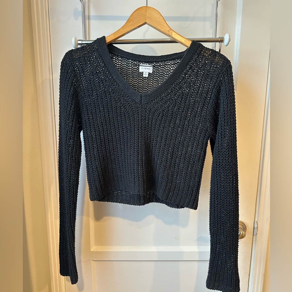 PACSUN LA HEARTS Black Crochet Knit V Neck Sweater, Size XS